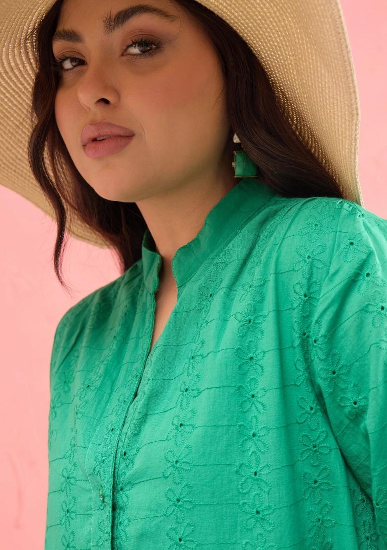 Green Embroidered Cotton Dress - Indya