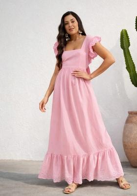 Pink Self Design Cotton Dress