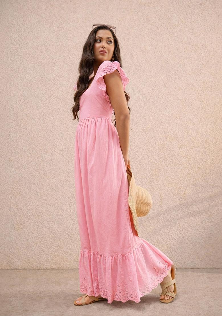 Pink Self Design Cotton Dress - Indya