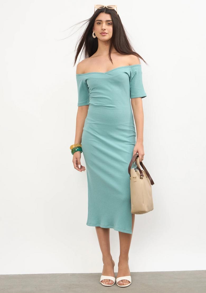 Sea Green Solid Cotton Dress - Indya