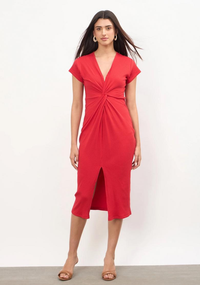 Red Solid Cotton Dress - Indya