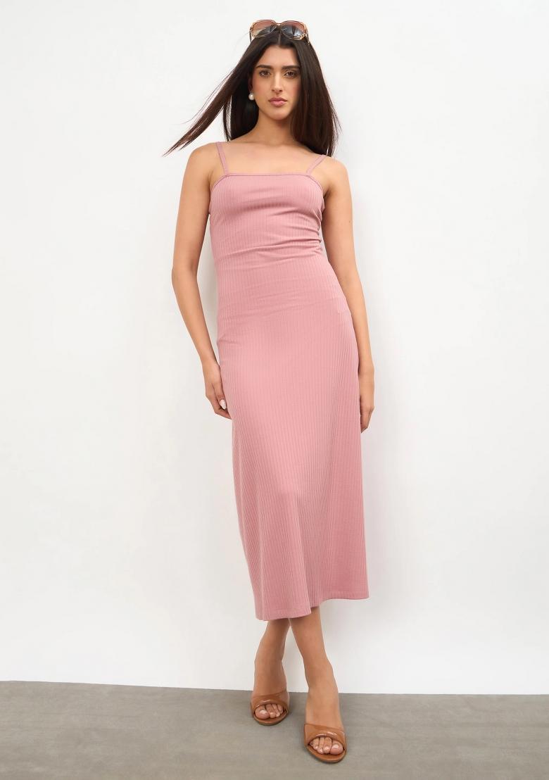 Pink Solid Cotton Dress - Indya