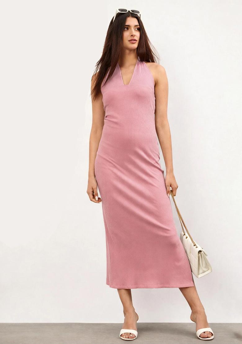 Pink Solid Cotton Dress - Indya