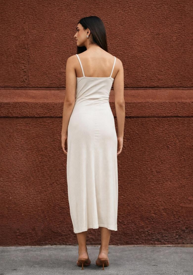 Off White Solid Cotton Dress - Indya