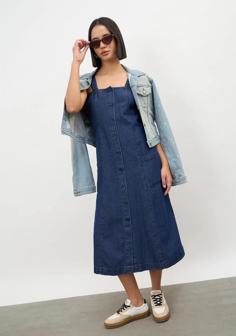 Navy Blue Solid Cotton Dress - Indya