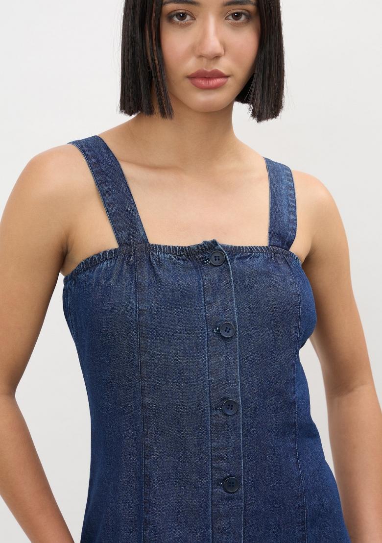 Navy Blue Solid Cotton Dress - Indya