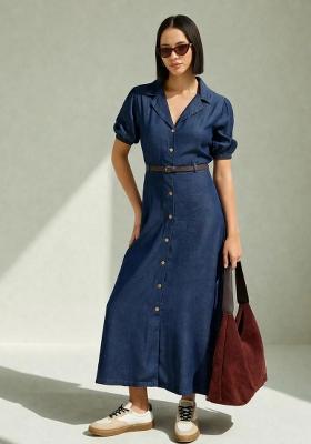 Navy Blue Solid Cotton Dress