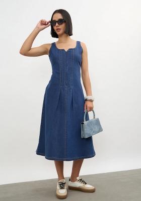 Navy Blue Solid Cotton Dress