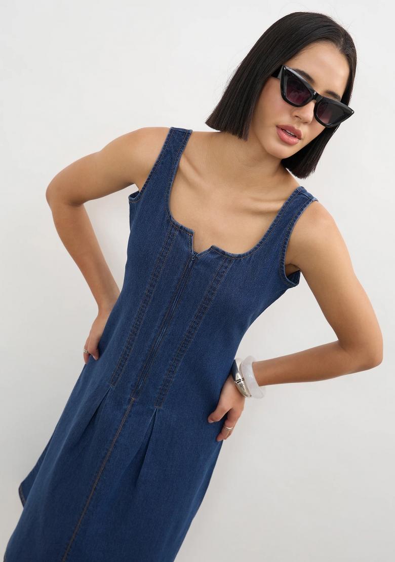 Navy Blue Solid Cotton Dress - Indya