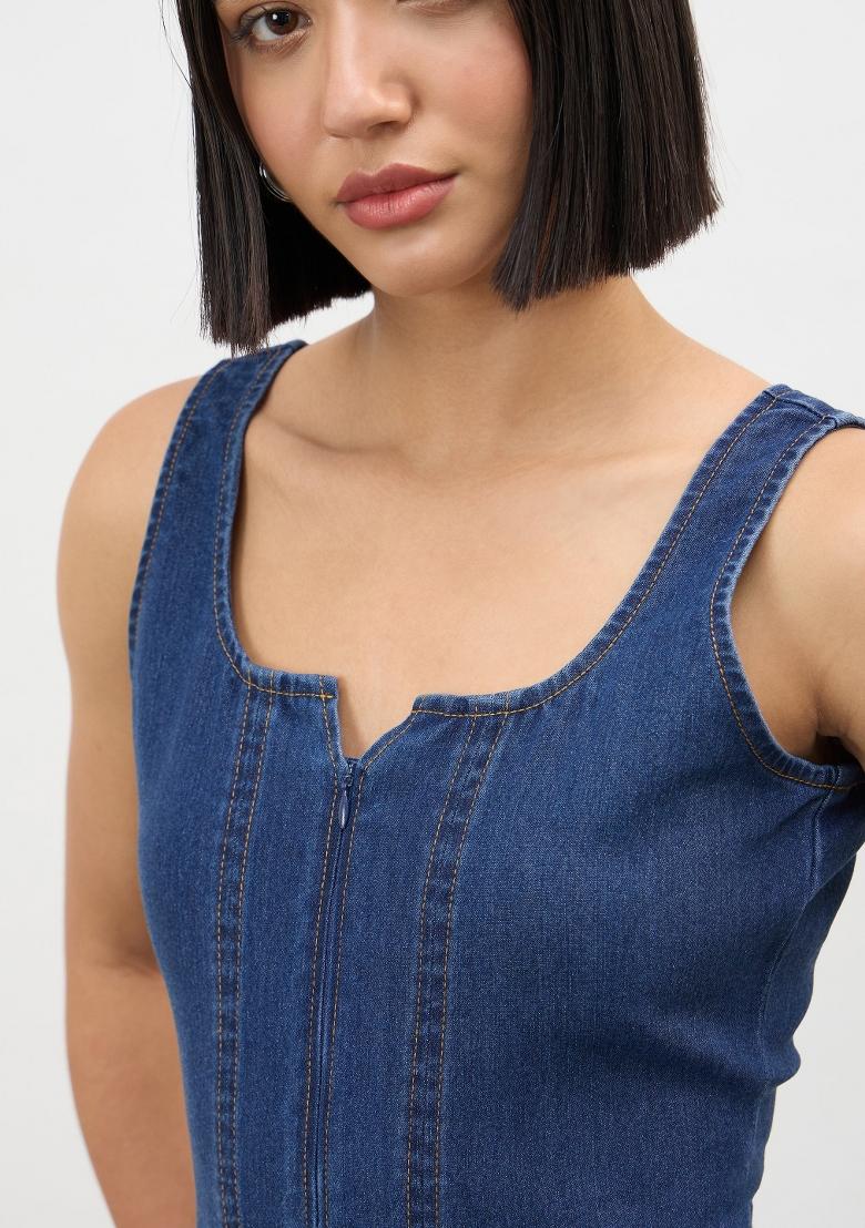 Navy Blue Solid Cotton Dress - Indya