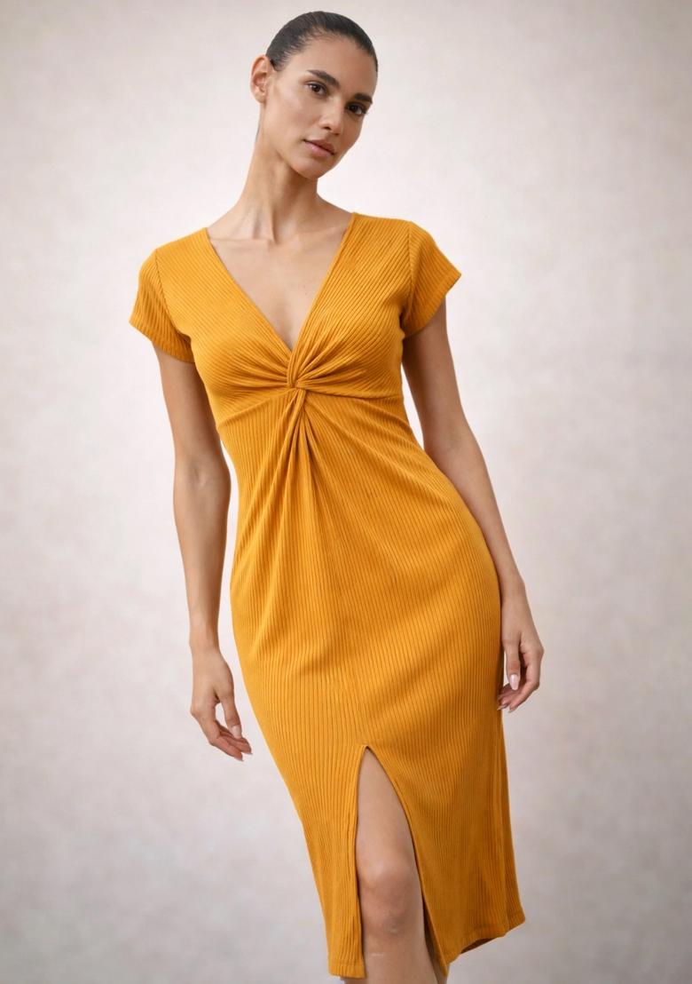 Mustard Solid Cotton Dress - Indya