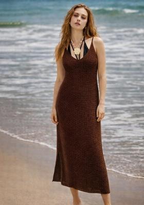 Brown Self Design Cotton Dress