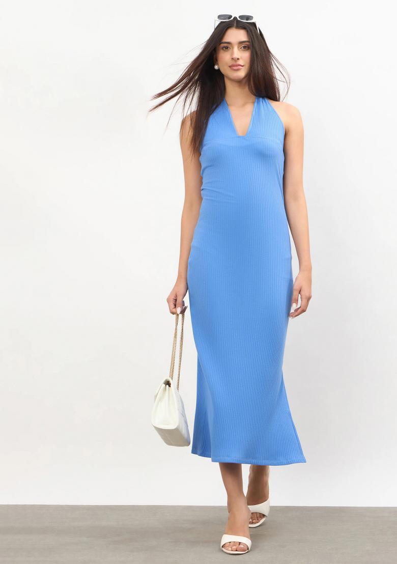 Blue Solid Cotton Dress - Indya