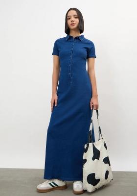 Blue Solid Cotton Dress