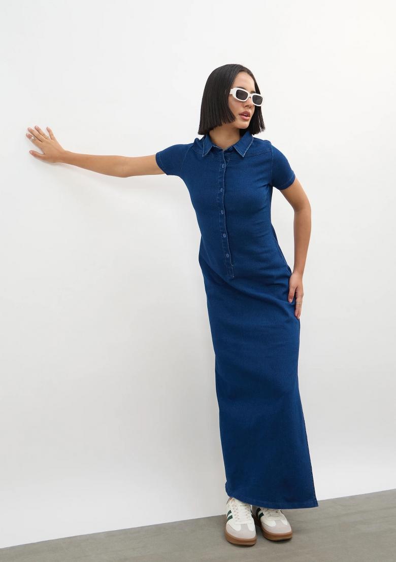 Blue Solid Cotton Dress - Indya