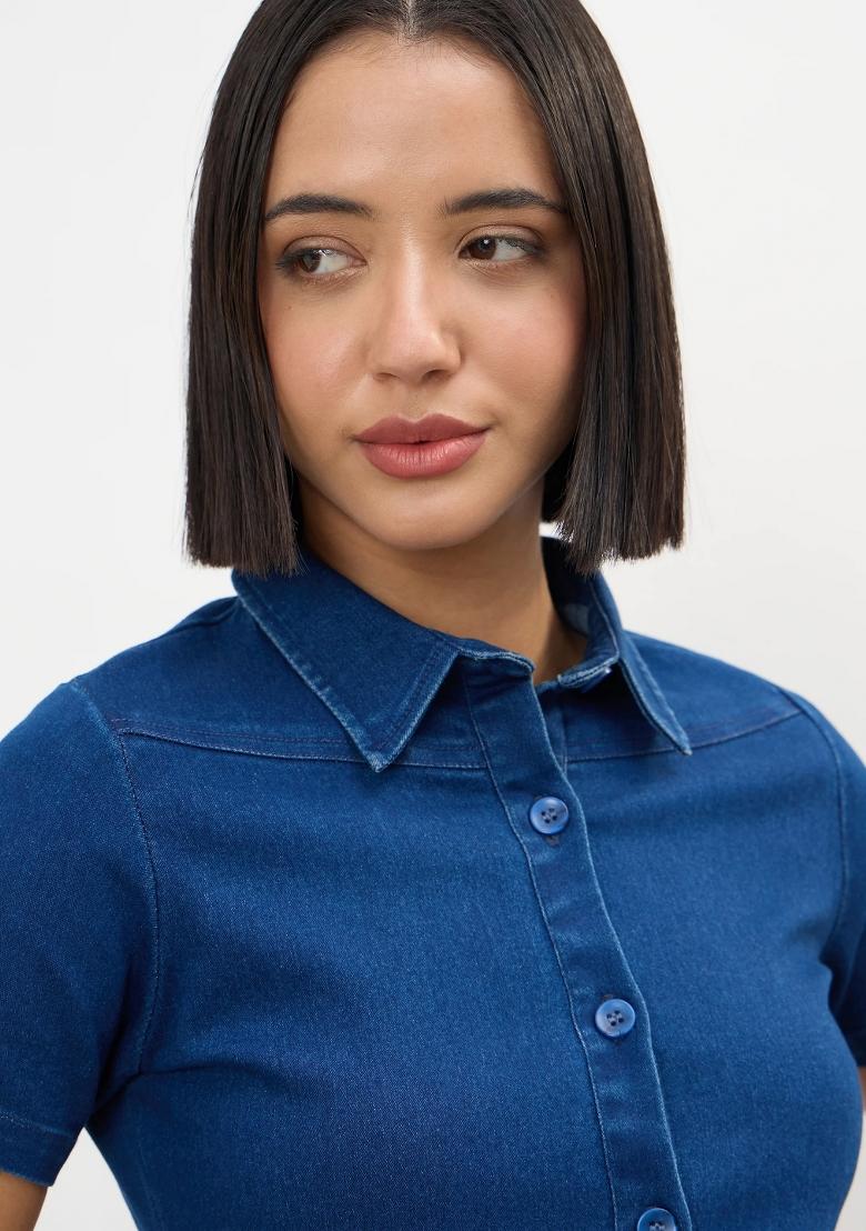Blue Solid Cotton Dress - Indya