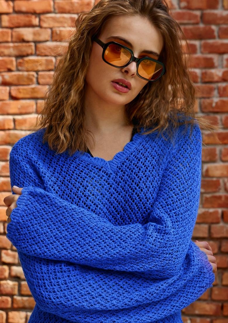 Blue Self Design Cotton Dress - Indya