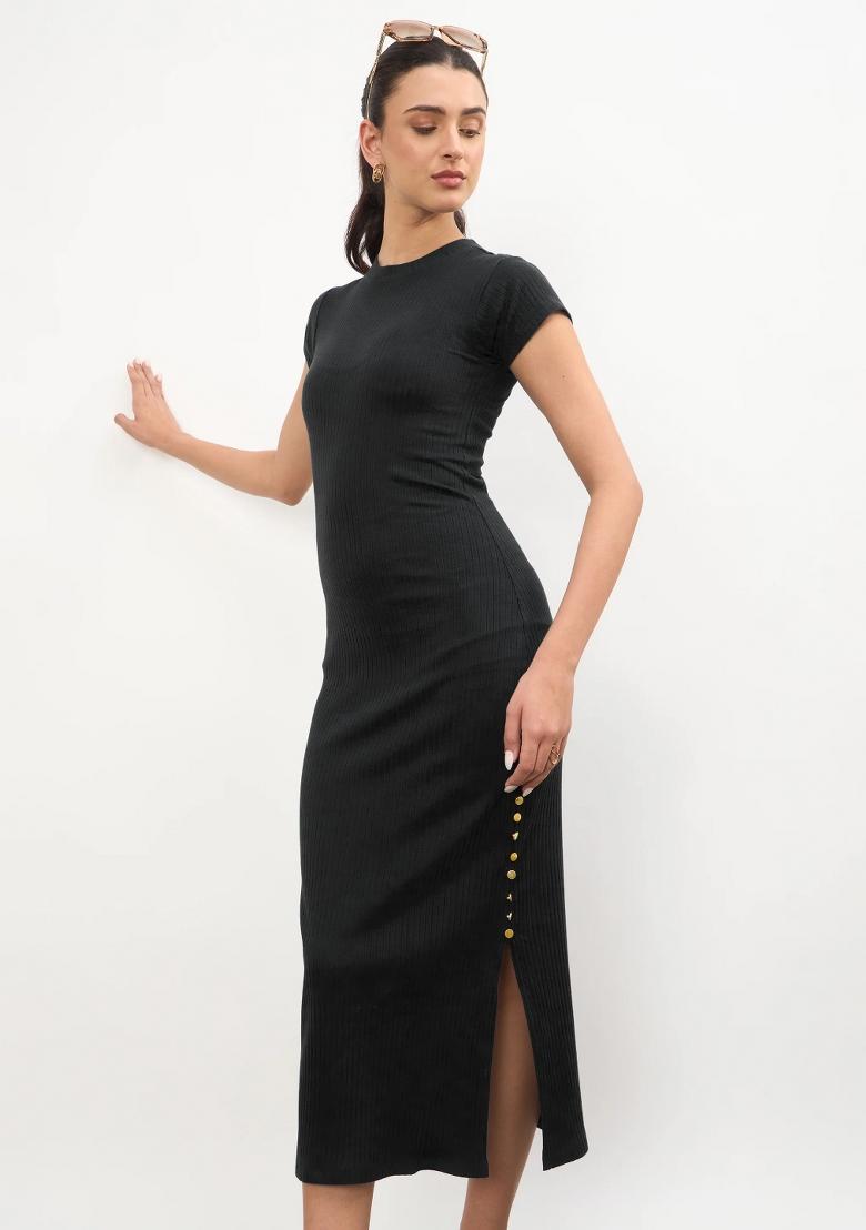 Black Solid Cotton Dress - Indya