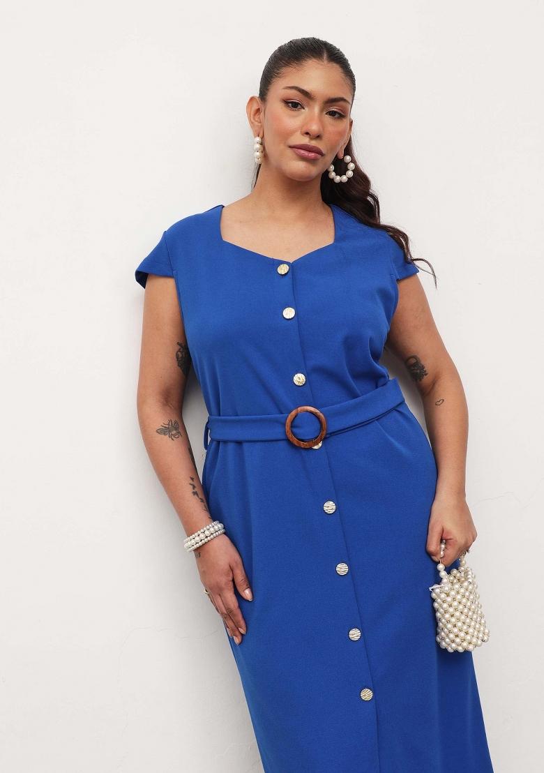 Blue Solid Cotton Dress - Indya