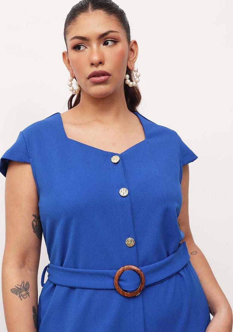 Blue Solid Cotton Dress - Indya