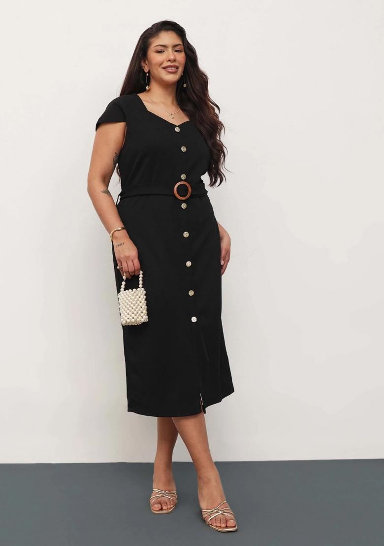 Black Solid Cotton Dress - Indya