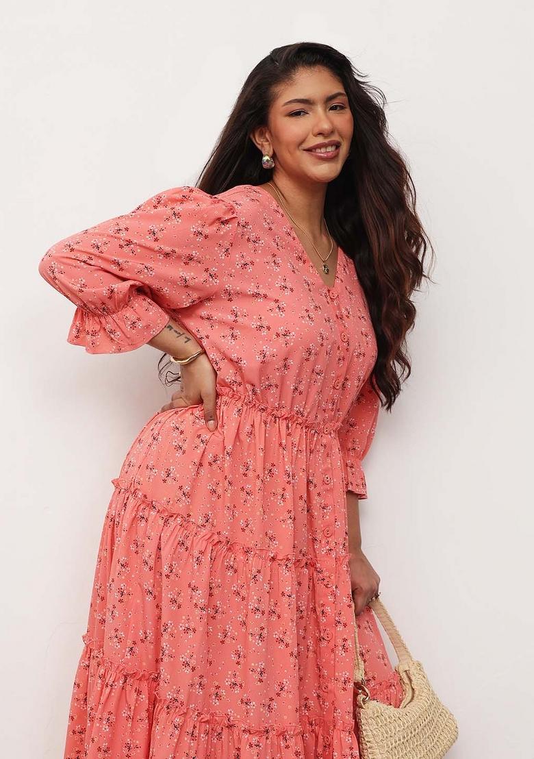 Peach Printed Polyester Dress - Indya