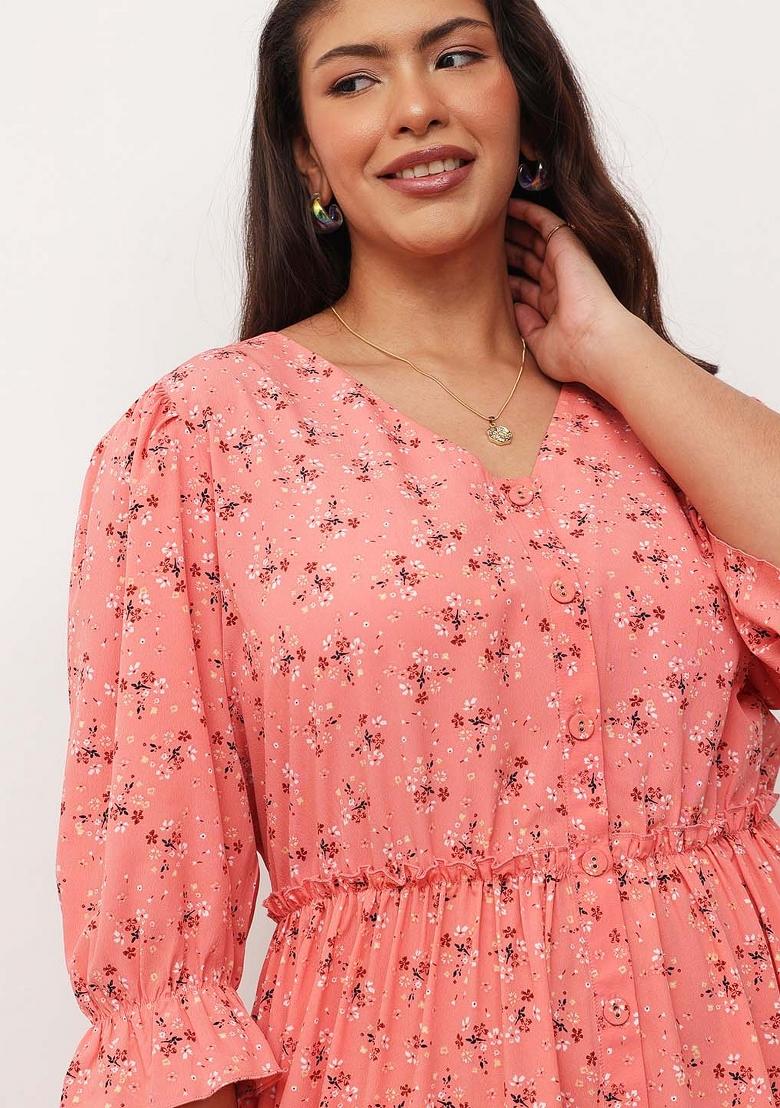 Peach Printed Polyester Dress - Indya