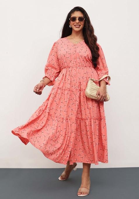 Peach Printed Polyester Dress