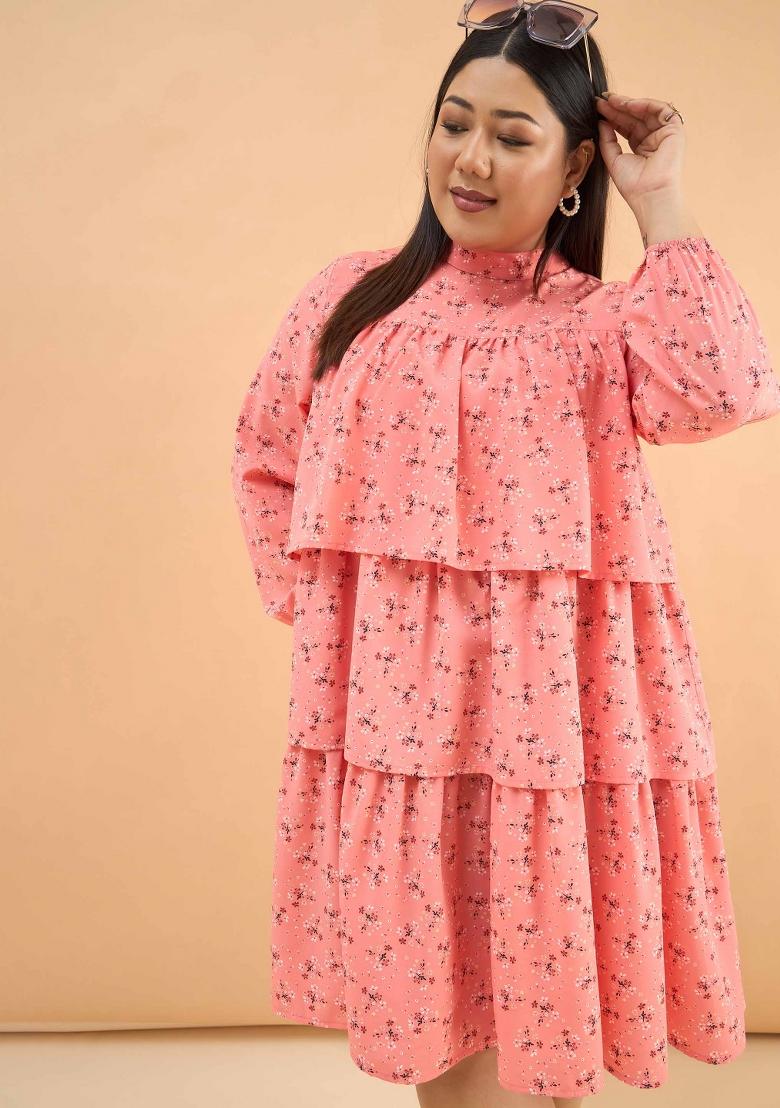 Peach Printed Polyester Dress - Indya