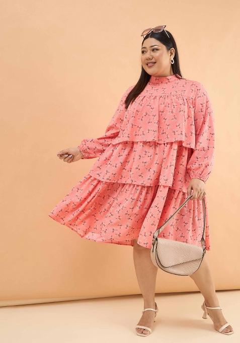 Peach Printed Polyester Dress