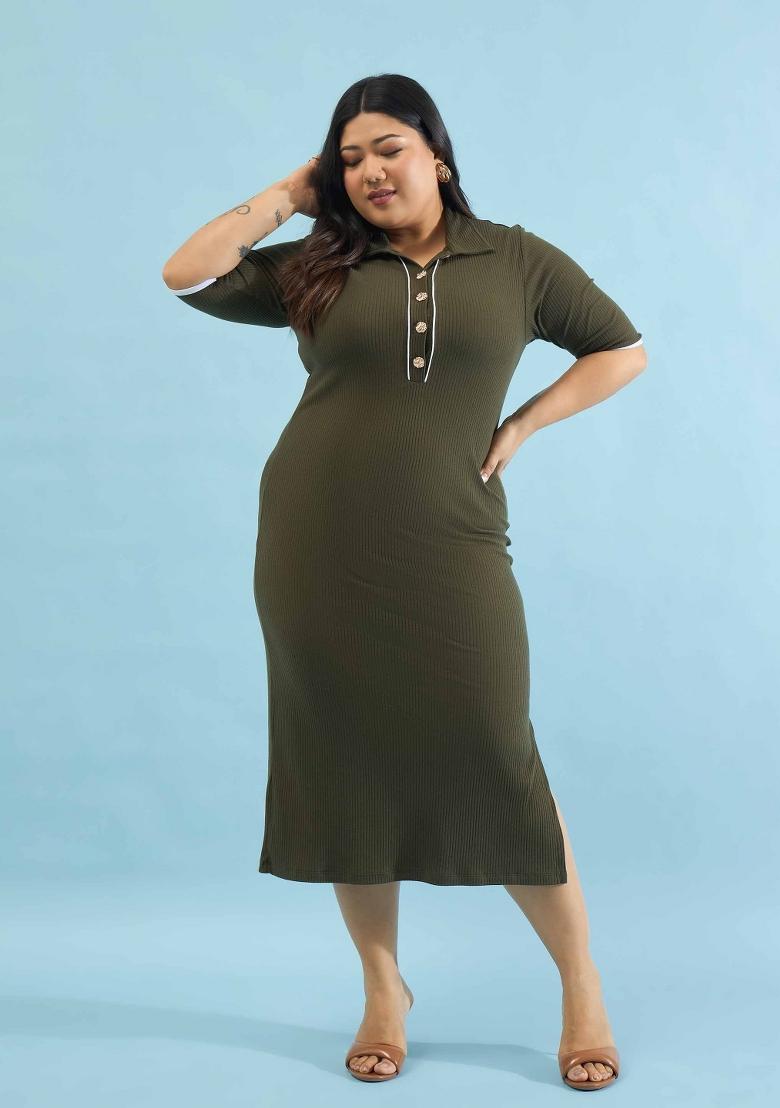 Olive Solid Cotton Dress - Indya