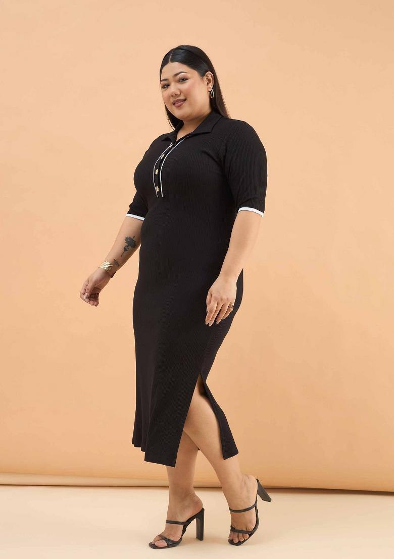 Black Solid Cotton Dress - Indya
