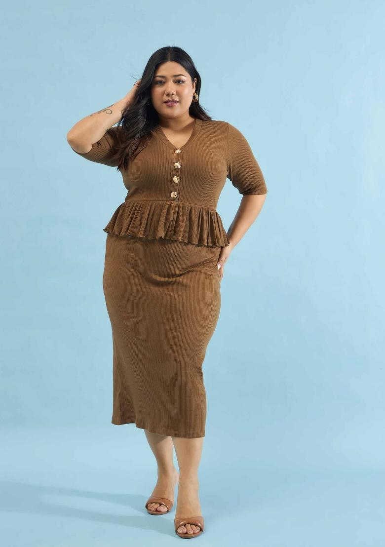 Brown Solid Cotton Dress - Indya