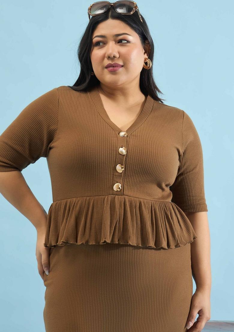 Brown Solid Cotton Dress - Indya