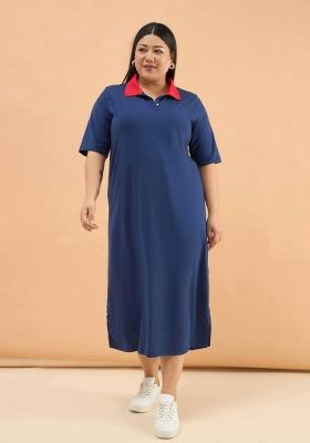 Navy Blue Solid Cotton Dress