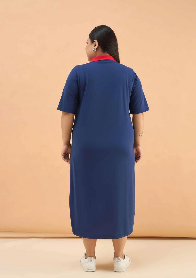 Navy Blue Solid Cotton Dress - Indya