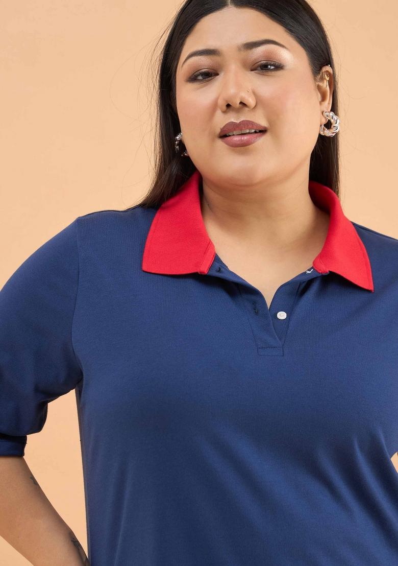 Navy Blue Solid Cotton Dress - Indya