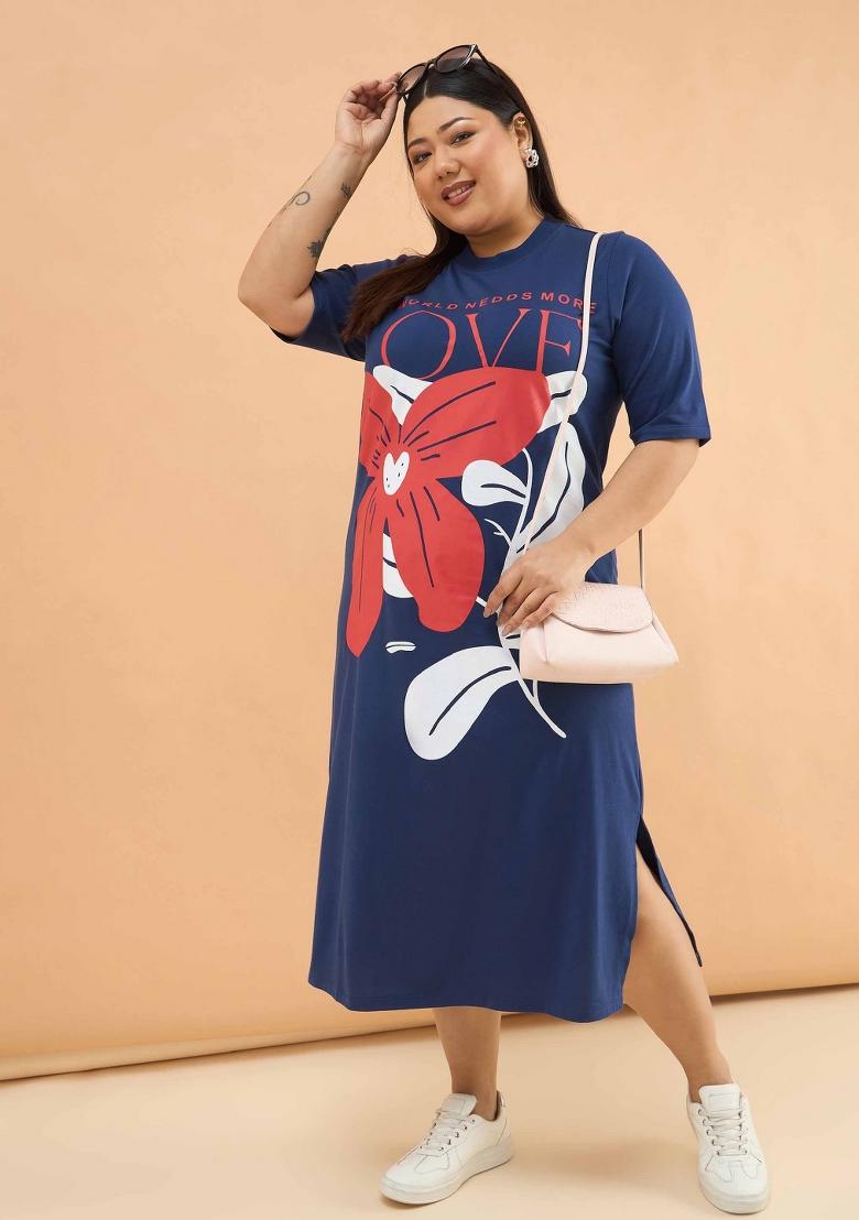 Navy Blue Printed Cotton Dress - Indya