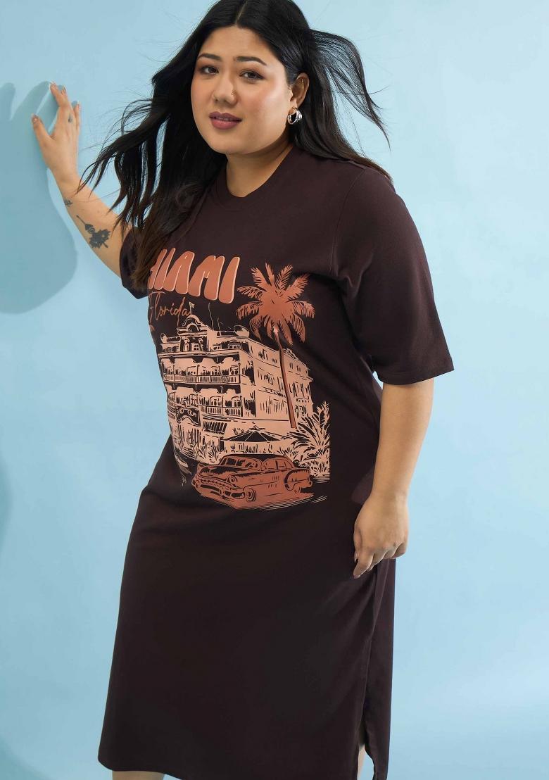 Brown Printed Cotton Dress - Indya