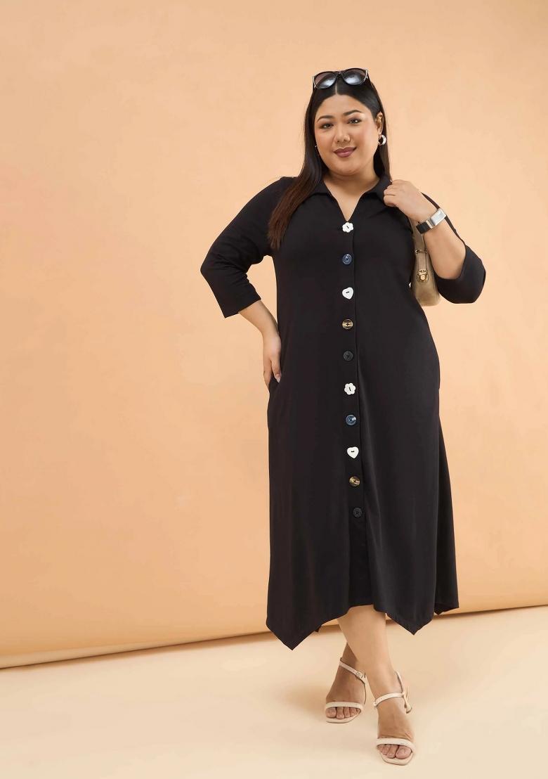 Black Solid Cotton Dress - Indya