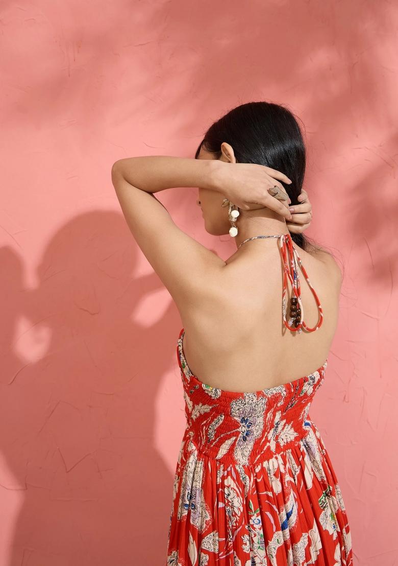 Red Printed Cotton Dress - Indya