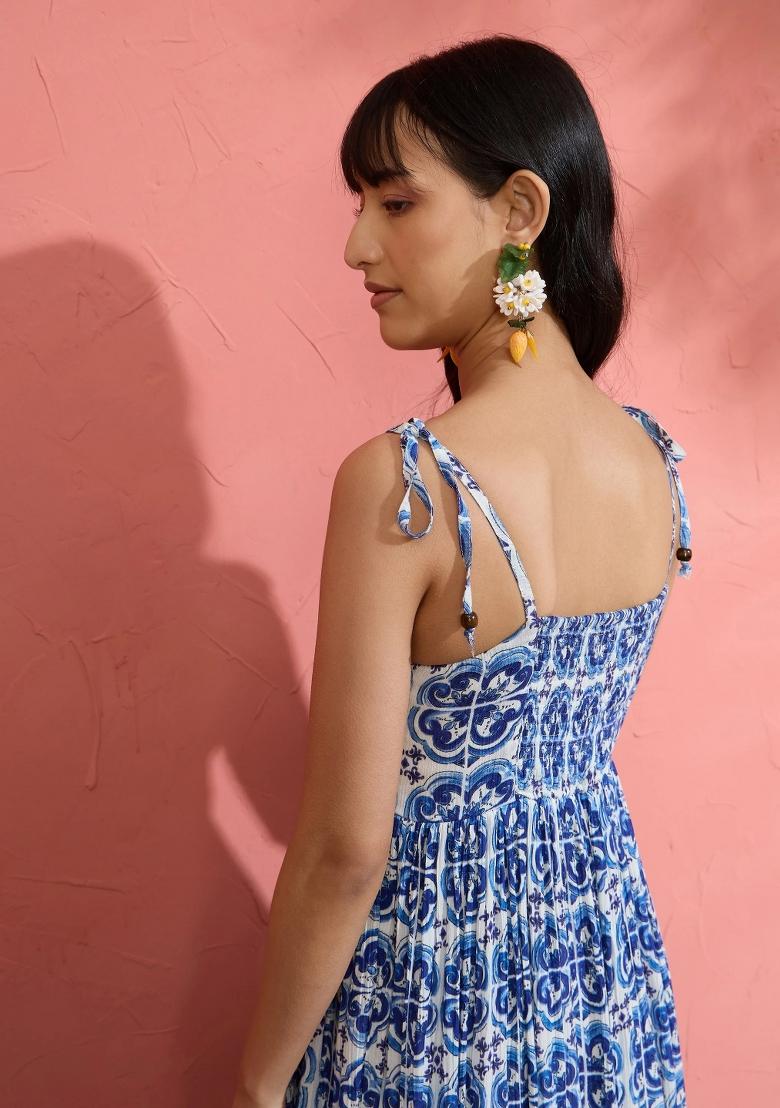 Blue Printed Cotton Dress - Indya