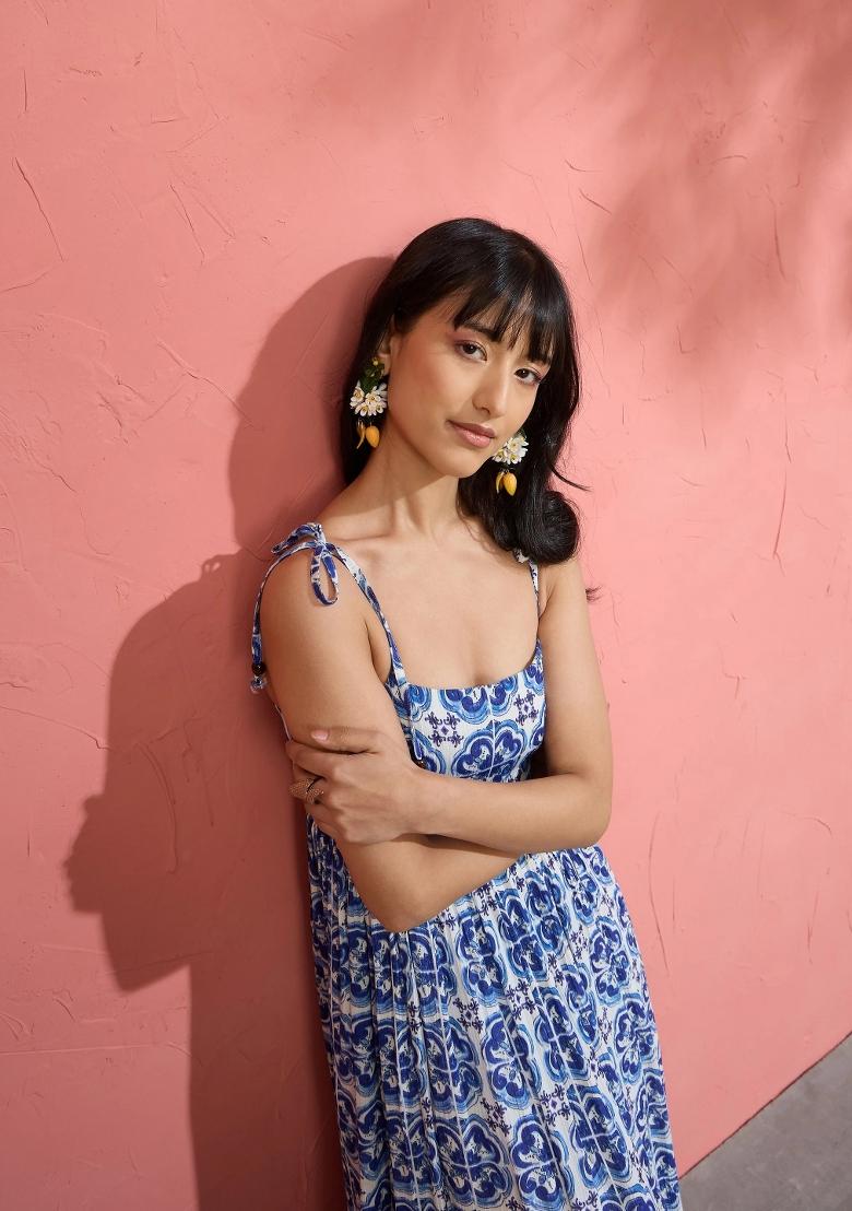 Blue Printed Cotton Dress - Indya