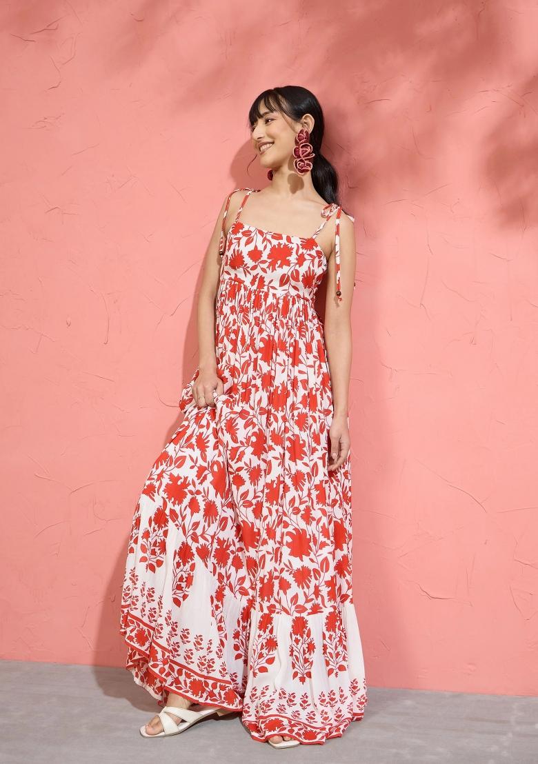 Red Printed Cotton Dress - Indya