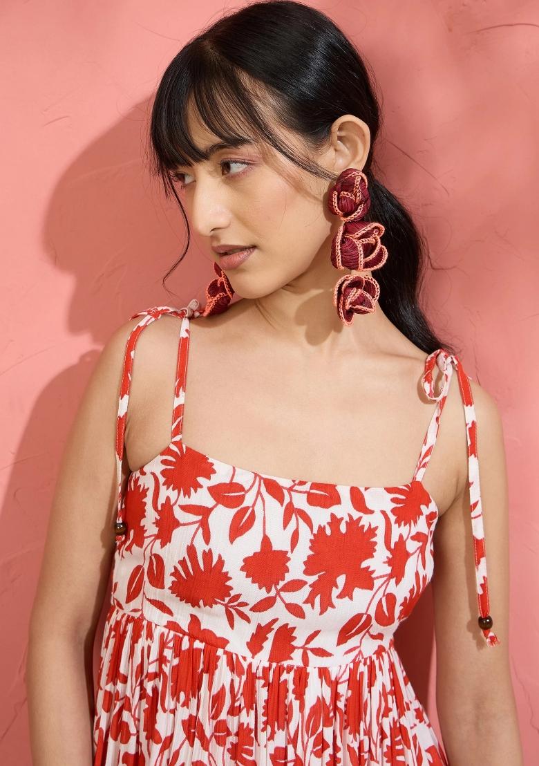 Red Printed Cotton Dress - Indya
