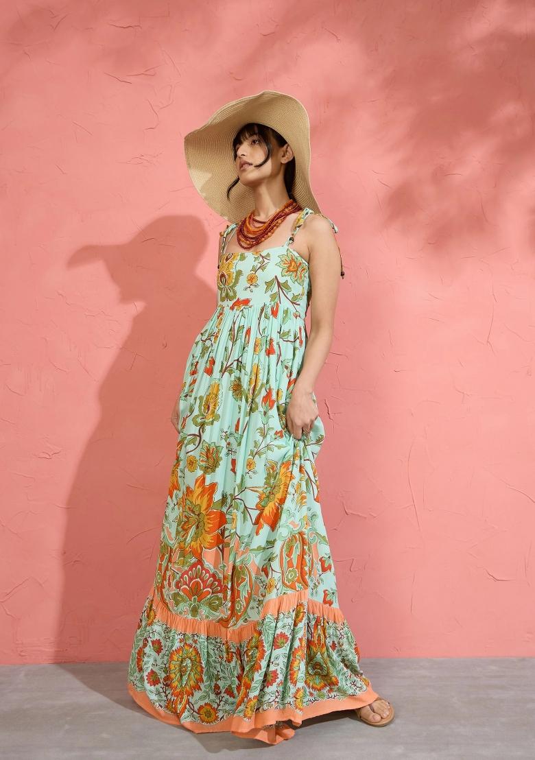 Sea Green Printed Cotton Dress - Indya