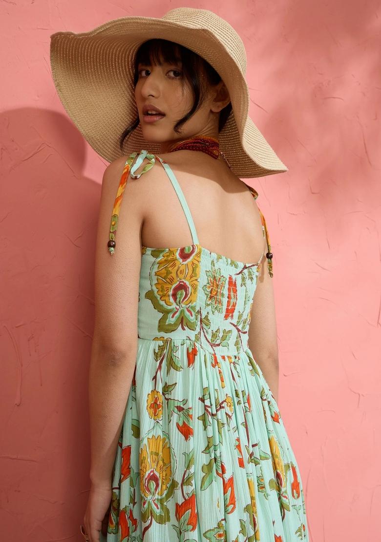 Sea Green Printed Cotton Dress - Indya