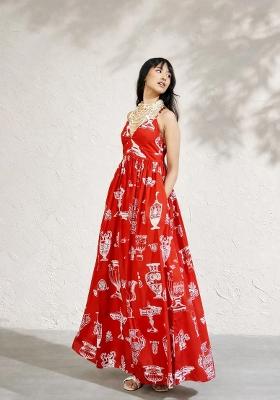 Red Printed Poplin Dress