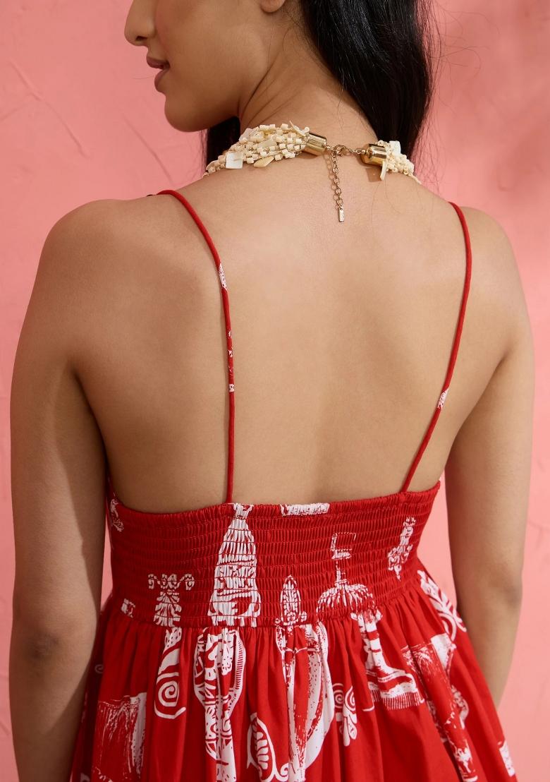 Red Printed Poplin Dress - Indya