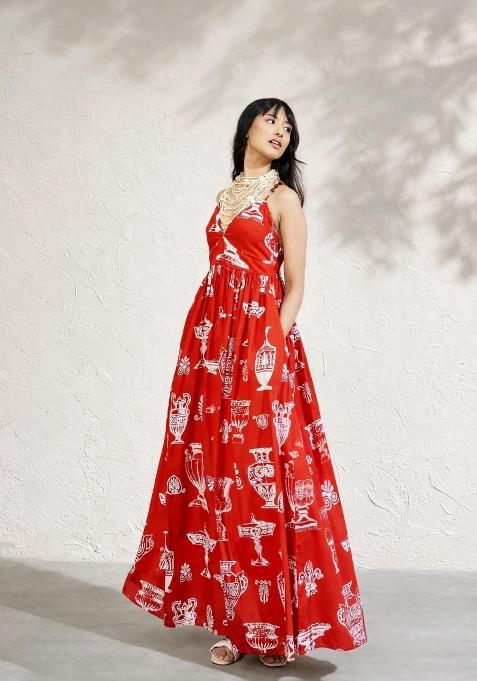 Red Printed Poplin Dress
